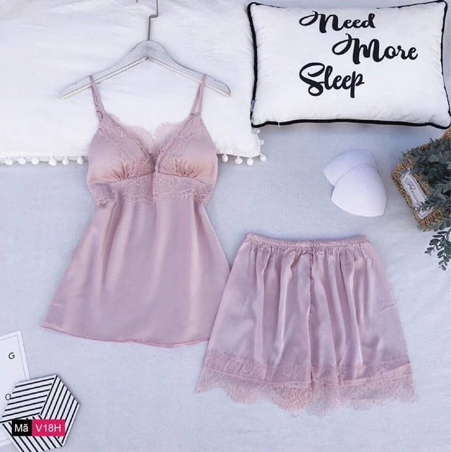 (Hàng có sẵn, Freeship) Bộ ngủ lụa 2 dây viền ren có đệm ngực,chỉnh dây vai (video+ảnh thật) | BigBuy360 - bigbuy360.vn