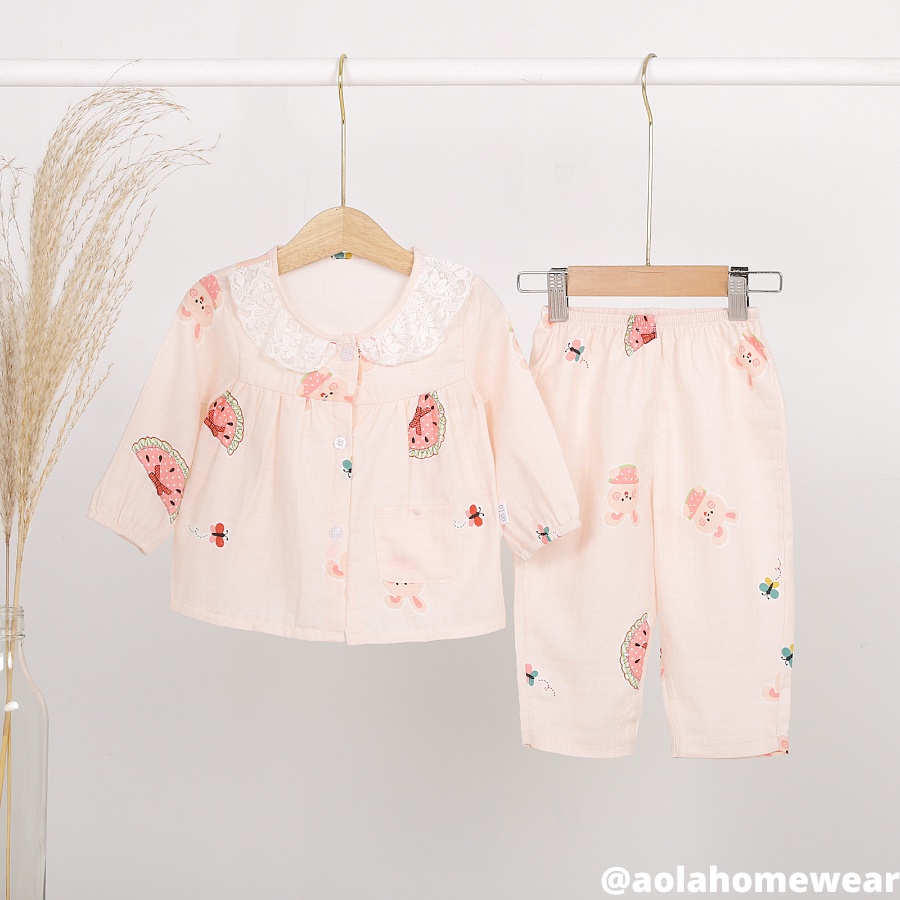 Pijama cho bé gái dài tay mặc ngủ điều hòa babydoll dễ thương Áo Lá Homewear A004, đồ ngủ trẻ em gái vải xô cotton