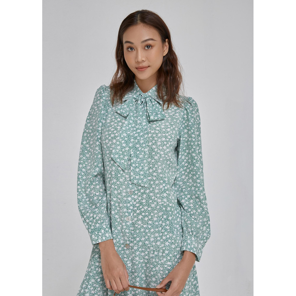Đầm nơ xếp li nữ YV LE & CO vải viscose màu xanh hoạ tiết thanh lịch