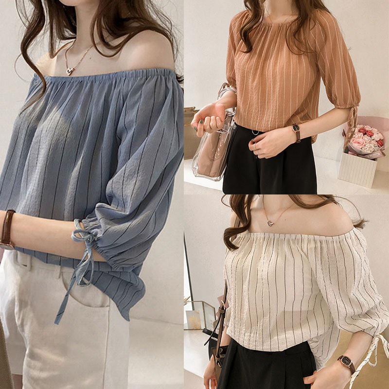 Áo chiffon tay phồng dáng rộng hở vai kẻ sọc dễ thương cho nữ