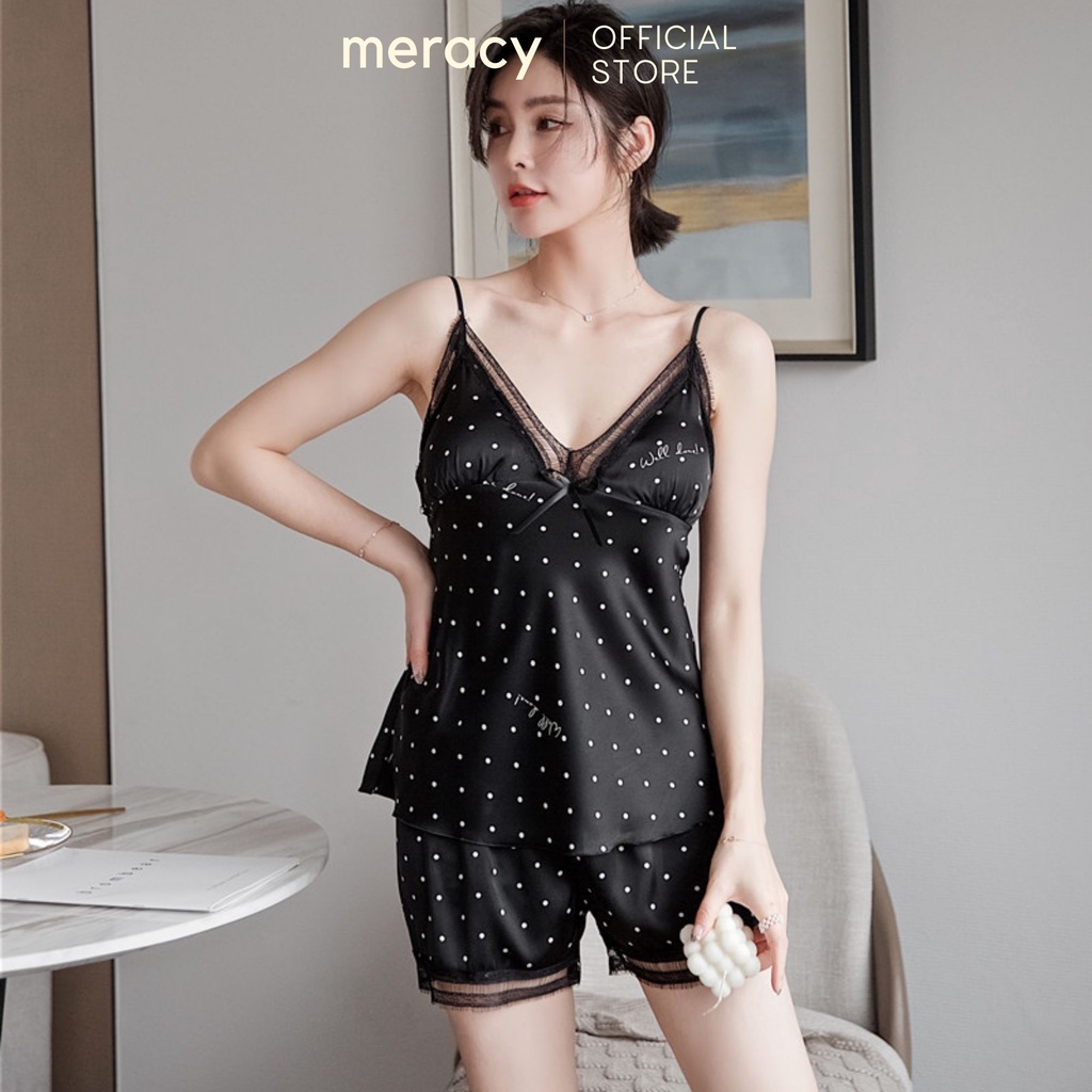 Bộ ngủ 2 dây sexy lụa satin MERACY cao cấp có mút ngực họa tiết chấm bi cho nữ M04-BC