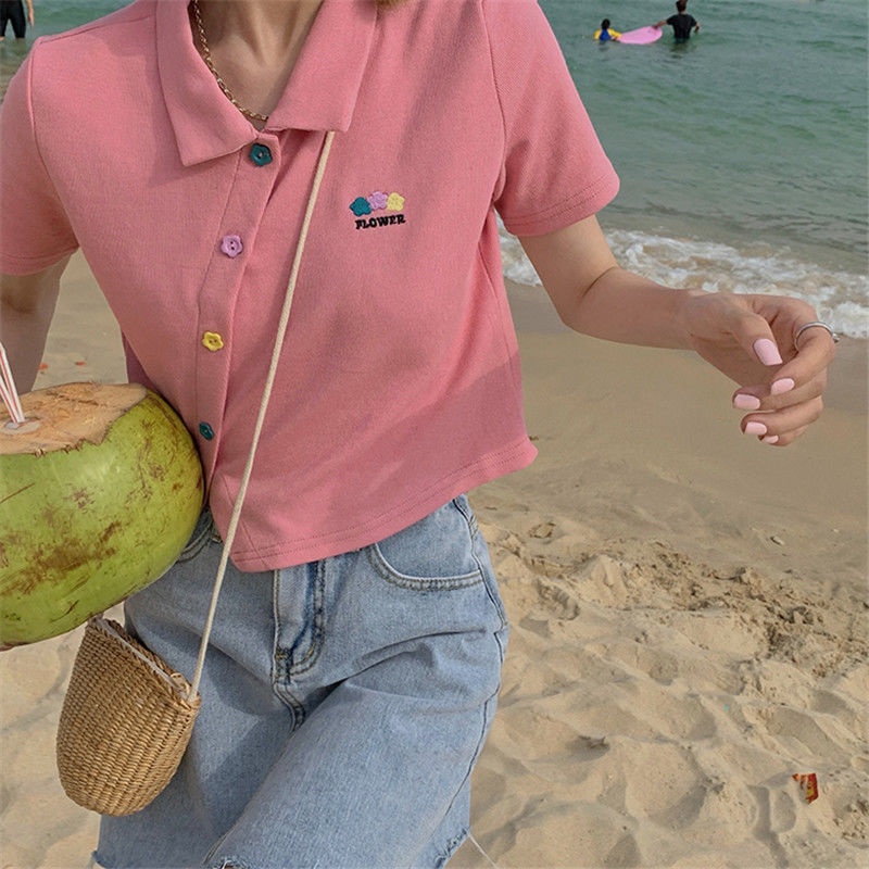 Áo Thun Tay Ngắn Cổ Polo Thêu Hoa Phối Nút Thời Trang Cho Nữ | BigBuy360 - bigbuy360.vn
