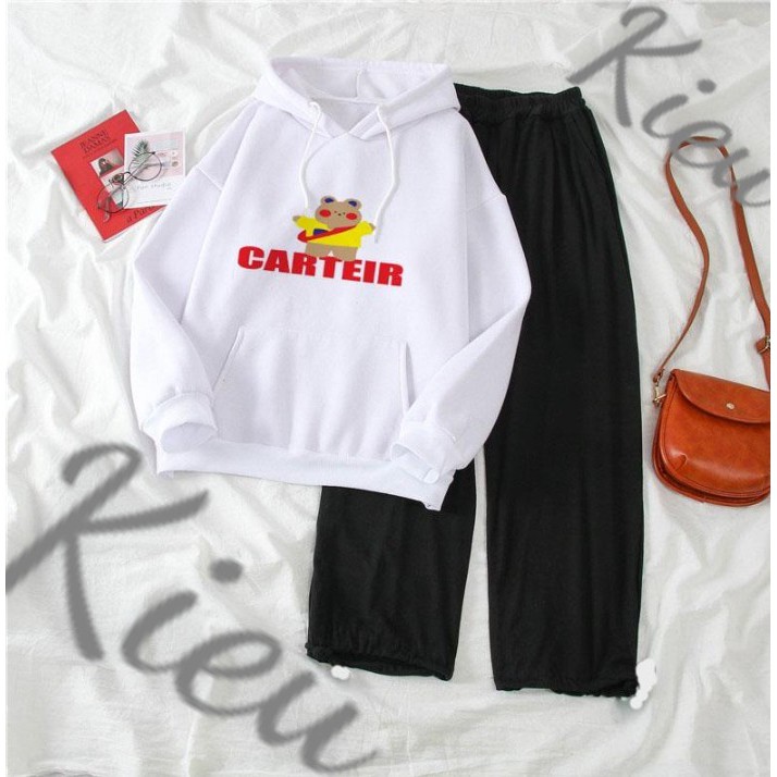 Bộ áo hoodie gấu kèm quần ống rộng, áo chất nỉ bông dày phom to, quần cát dáng đẹp cho các bạn