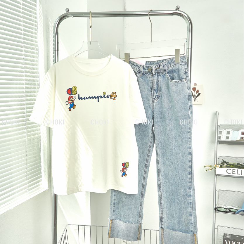 Áo Thun Nữ Form Rộng Tay Lỡ Unisex Local Brand Cotton Hoạt Hình Champion Mario Choki Ms97515