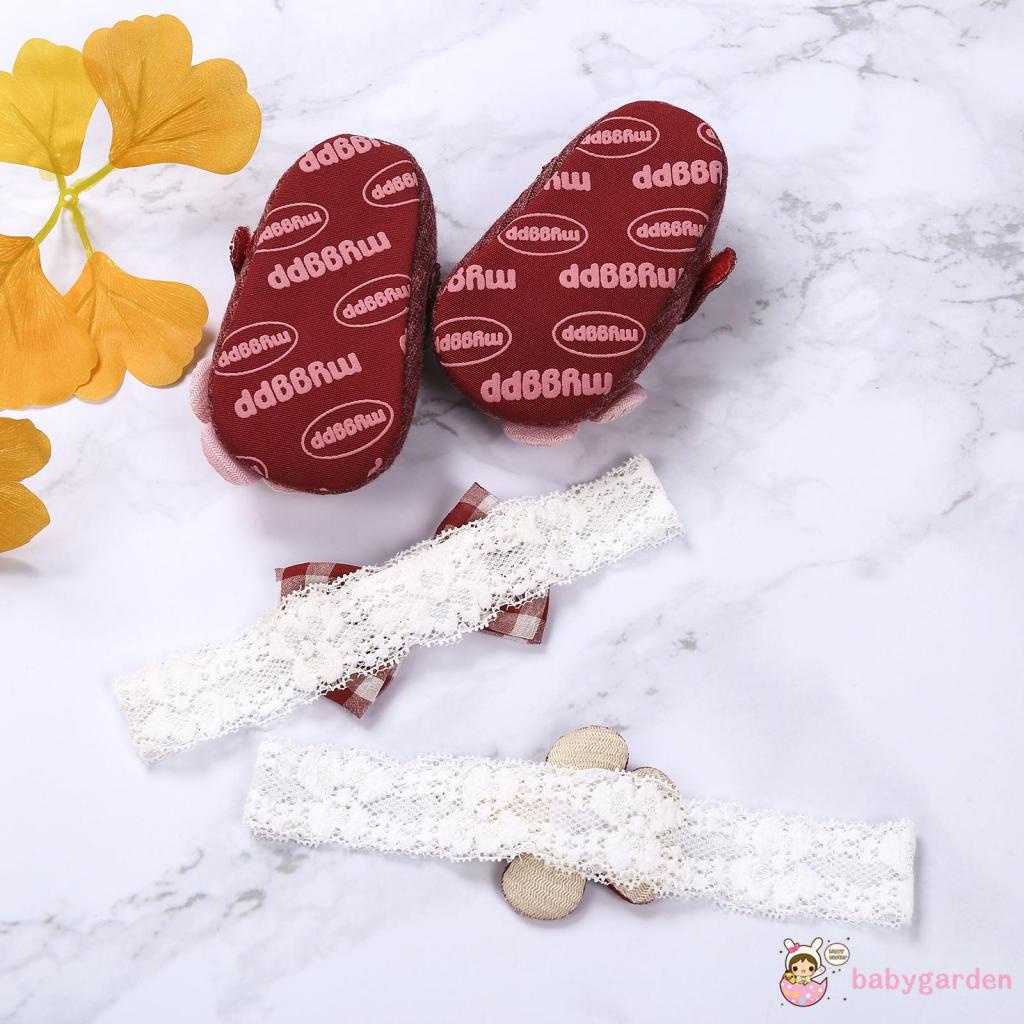 Bộ Giày Và Băng Đô Đế Mềm Họa Tiết Hoa Mary Jane Dành Cho Bé Gái