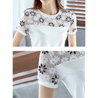 Áo kiểu phối ren tay ngắn bo eo