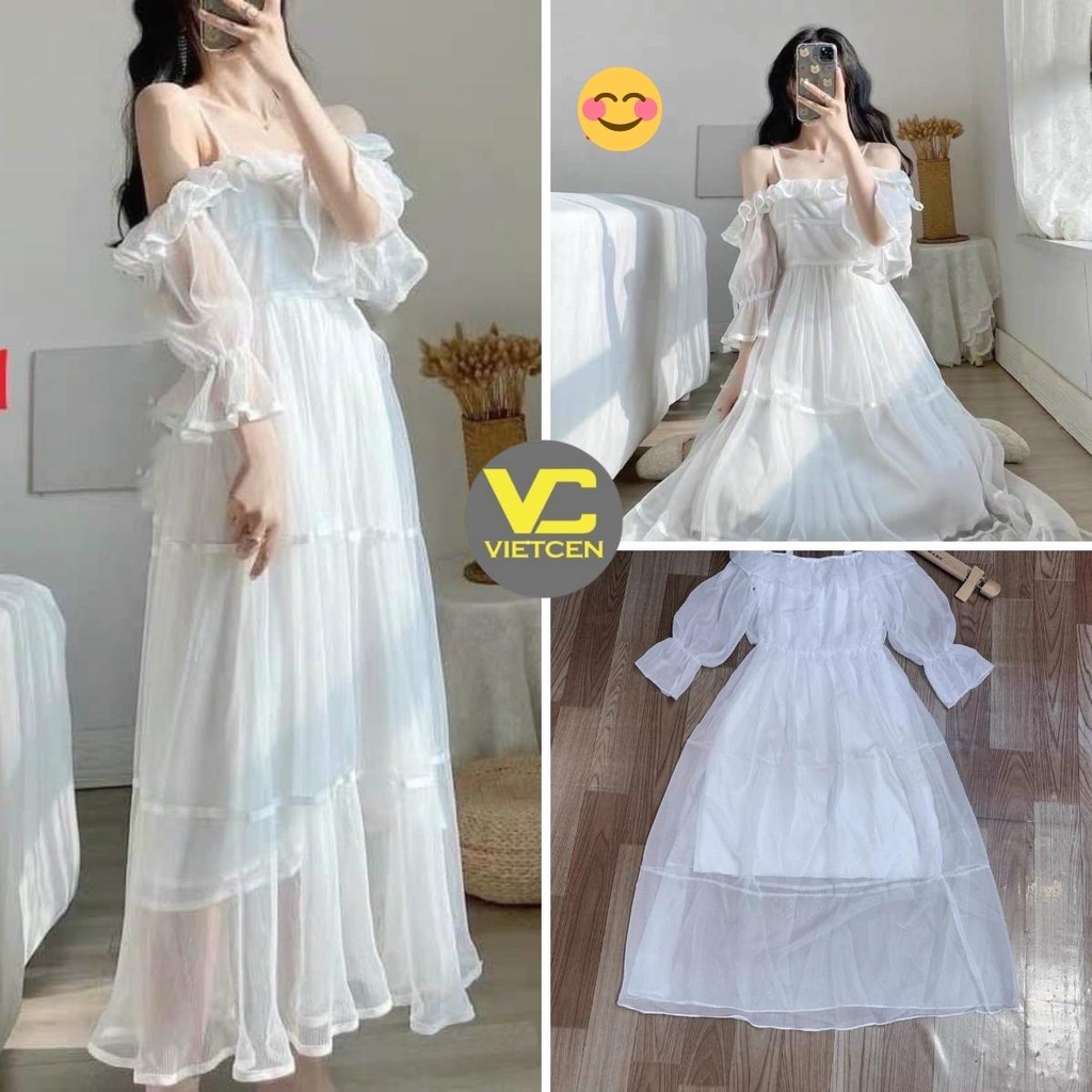 Váy 2 Dây Trễ Vai Nữ Dáng Dài Đầm Maxi Tay Bồng Trắng Vintage Đi Biển Dự Tiệc Đẹp Tiểu Thư Sang Chảnh - VIETCEN