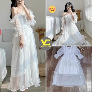 Váy 2 dây trễ vai nữ dáng dài đầm maxi tay bồng trắng vintage đi biển dự tiệc đẹp tiểu thư sang chảnh - vietcen