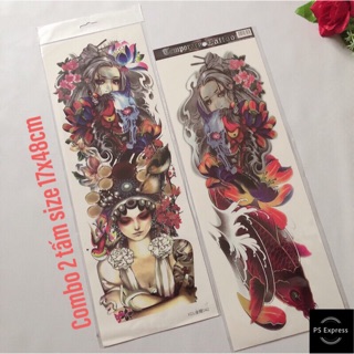 Combo 2 tấm hình xăm dán kín tay cô gái mặt quỷ màu 18x48cm (tặng bắp tay mini 10x20cm)