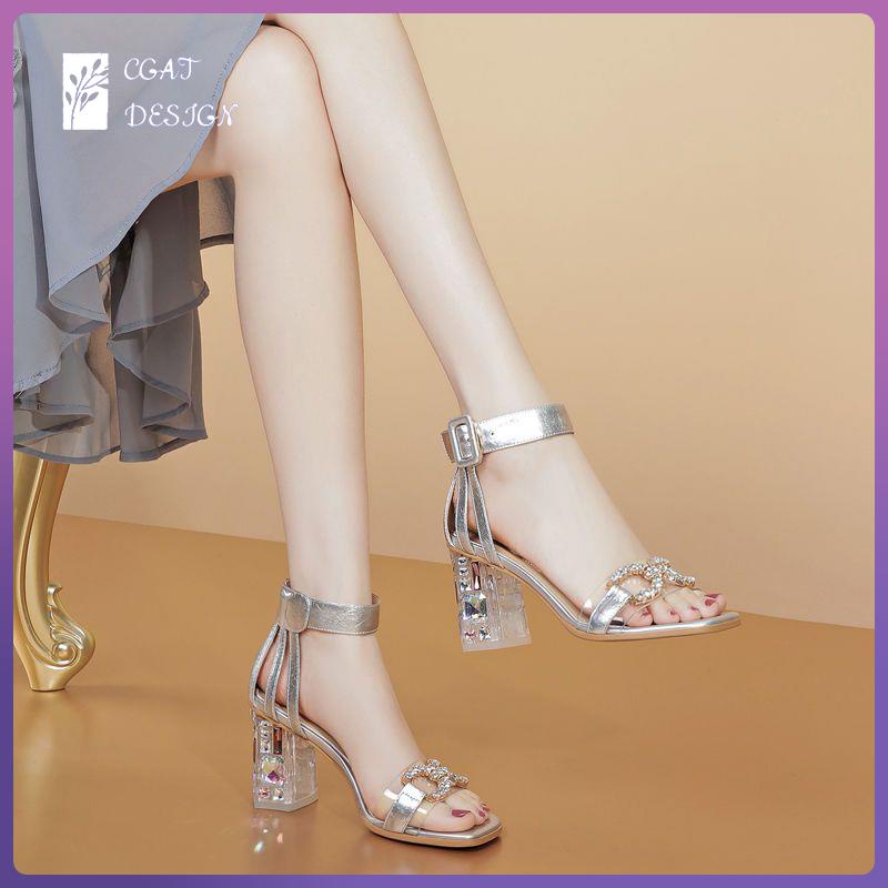 Giày Sandal Cao Gót Da Mềm Mũi Vuông Thời Trang Mùa Hè