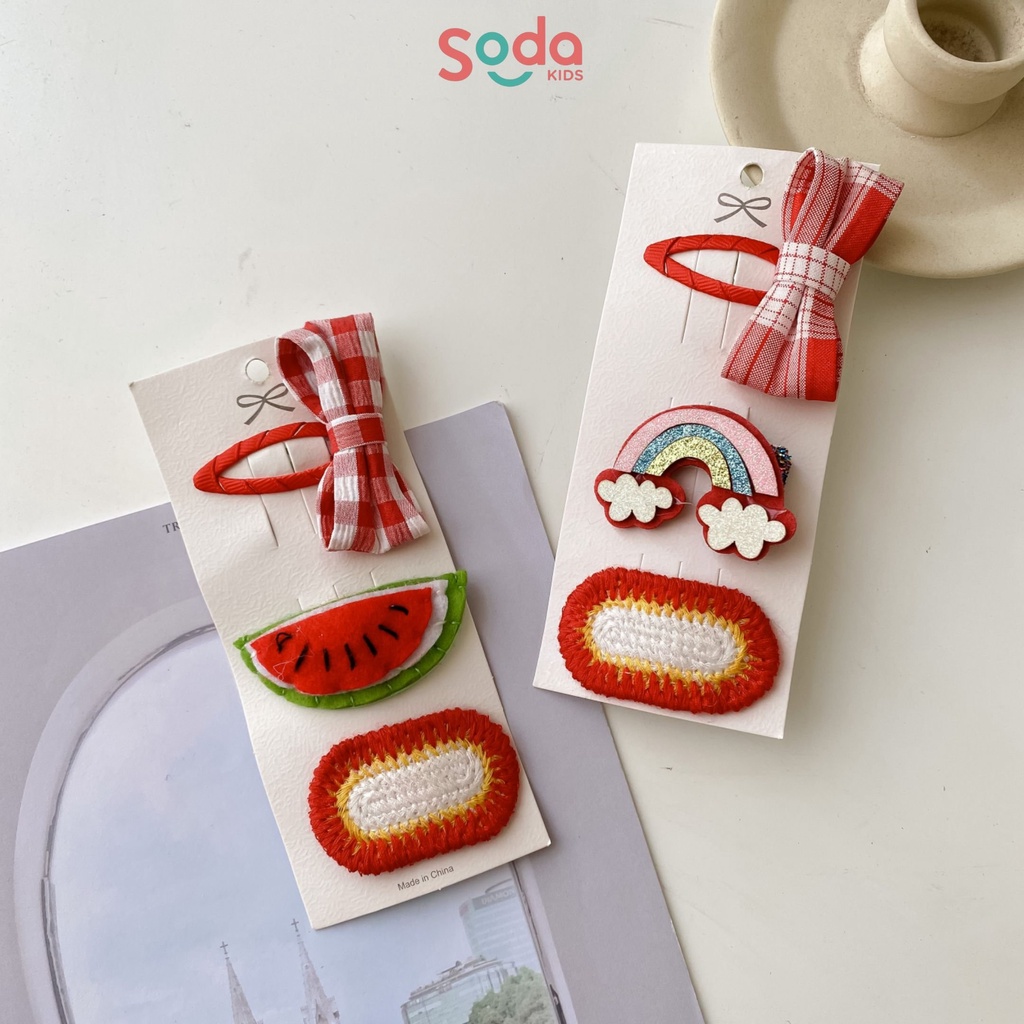 Kẹp tóc cho bé gái SODA KIDS tông đỏ dễ thương nổi bật sét 3 chiếc