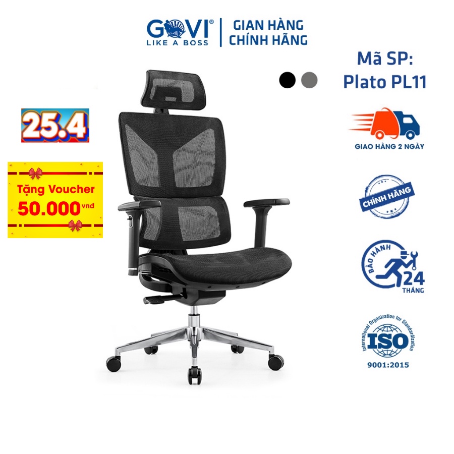 Ghế công thái học Ergonomic GOVI Plato PL11 - Tựa đầu điều chỉnh độ cao, tựa tay 3D nâng hạ, mâm ghế ngả 90-135 độ