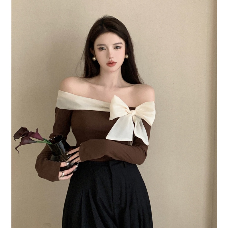 QKOOLE Áo Thun Nữ Trễ Vai Dáng Ôm Phong Cách Hàn Quốc