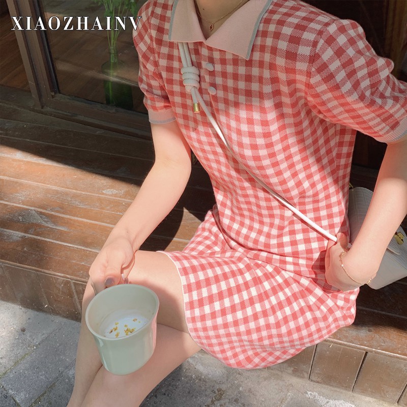 Xiaozhainv Đầm mini ngắn tay cổ bẻ polo họa tiết kẻ sọc thời trang mùa hè