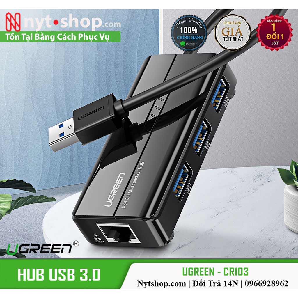 HUB USB 3 Cổng 3.0 Kèm Cổng Mạng LAN 10/100/1000 Mbps UGREEN CR103 - Hàng Chính Hãng - Bảo Hành 18 Tháng