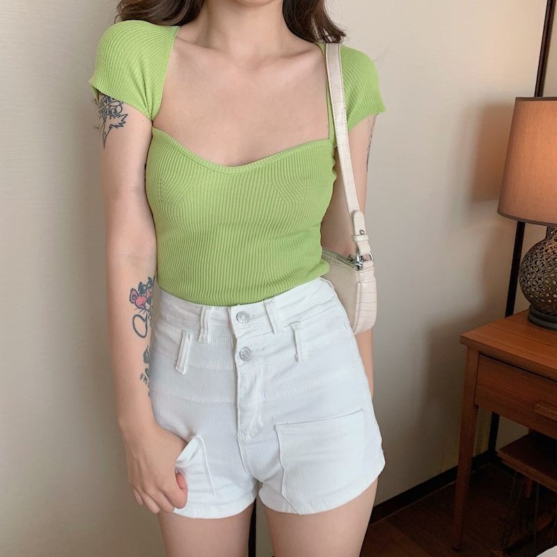 Áo Len Ôm Body Tay Ngắn Màu Sắc Đơn Giản Cổ Vuông Trẻ Trung | Smide Clothing