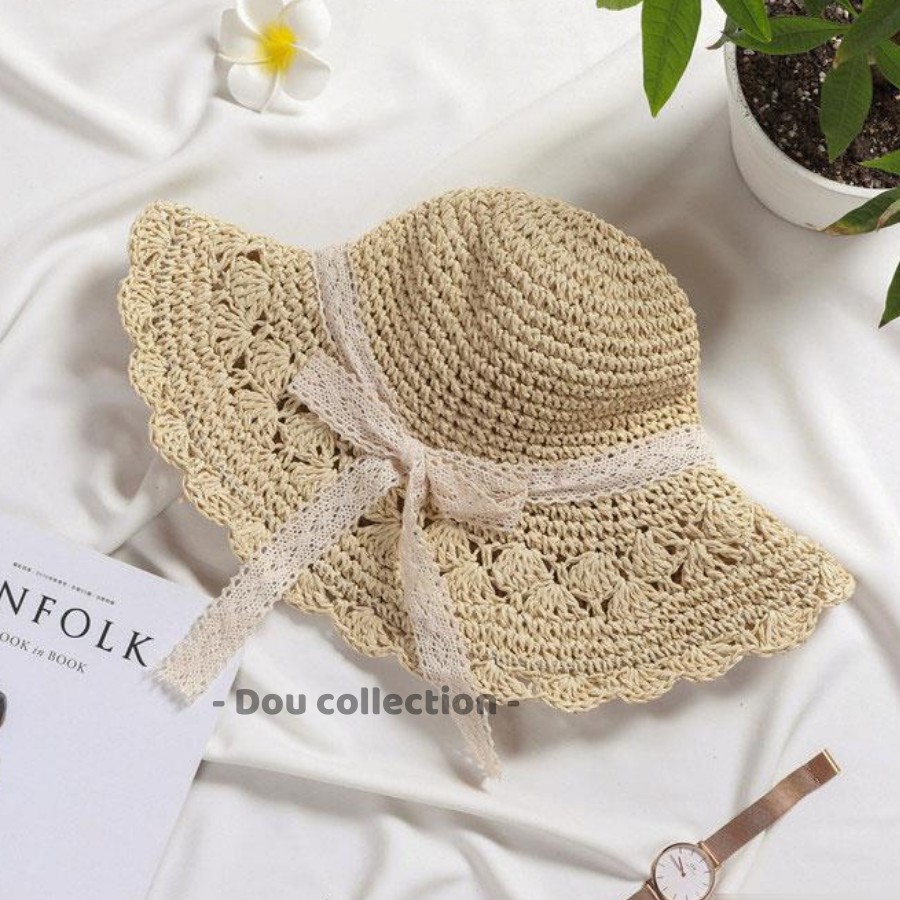 [NowShip2h] Nón Cói (Mũ Cói) Mềm Vành Rộng Phối Dây Ren Nơ Đi Biển Thời Trang Hàn Quốc - Mã NC013