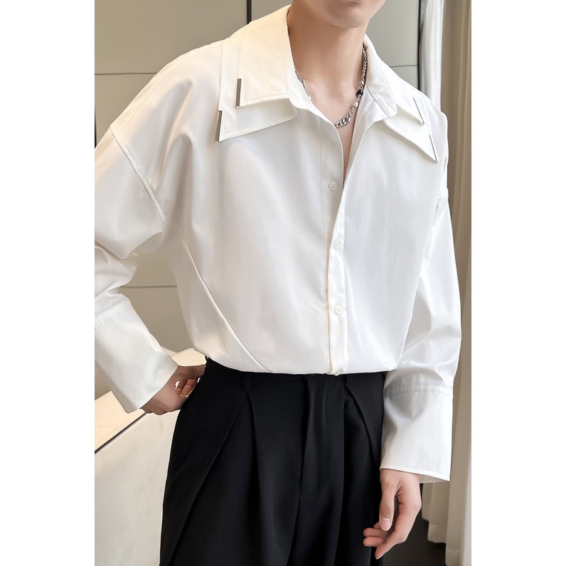 Áo Sơ Mi Nam Dài Tay Hai Lớp Cổ Rời Trang Trí Kim Loại Trang Trí Xây Dựng Tóc Mùa Xuân Thu