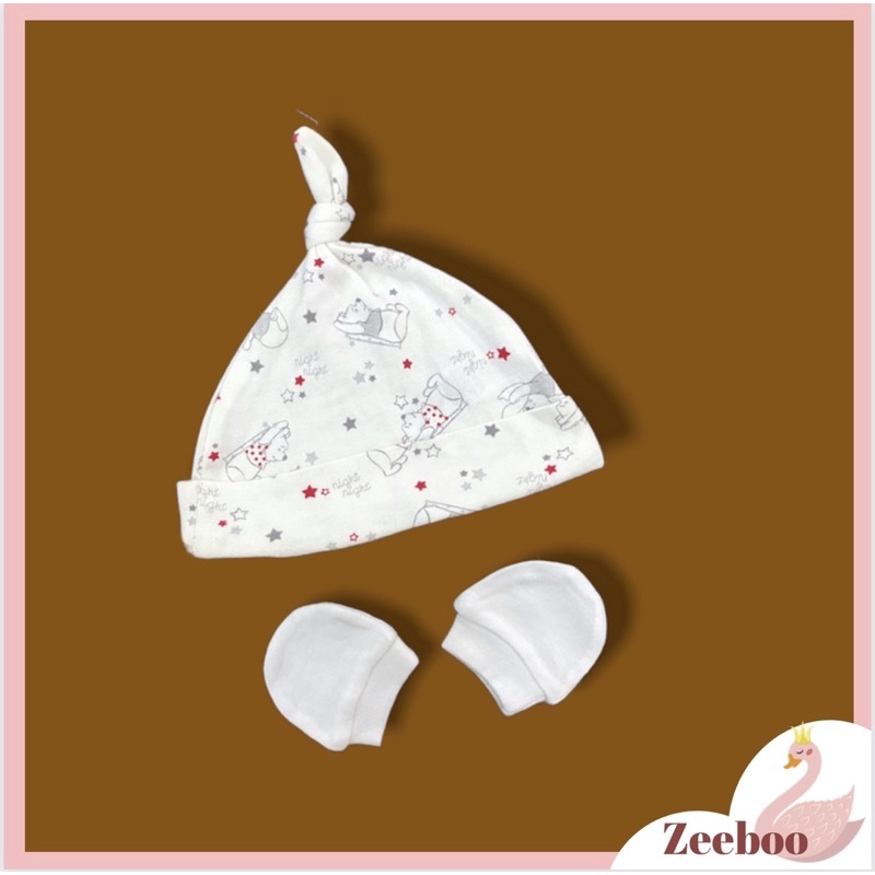 Mũ củ tỏi cho bé từ sơ sinh - 6 tháng [set 2 mũ kèm bao tay], vải Cotton mềm mịn, hình gấu pooh dễ thương, che thóp