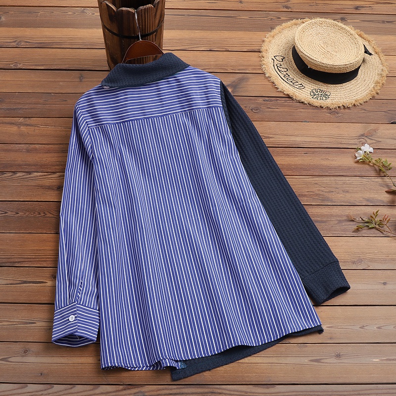 Áo kiểu ZANZEA cổ lọ phối họa tiết kẻ sọc thời trang cho nữ