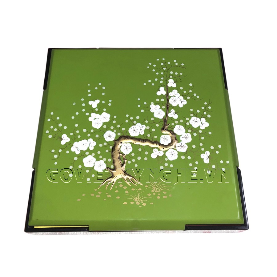 Hộp Mứt Sơn Mài Vuông 30cm - Vẽ hoa mai trắng nổi &amp; nền xanh lá