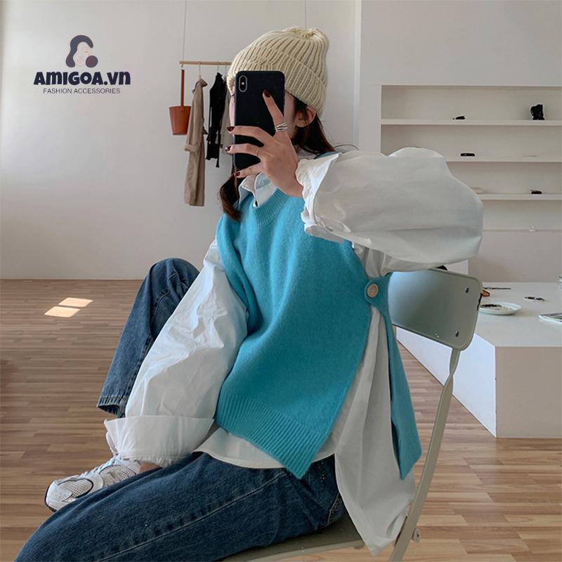 ✨✨Áo Dệt Kim Sát Nách Dáng Rộng Cổ Chữ V Thời Trang Cho Nữ