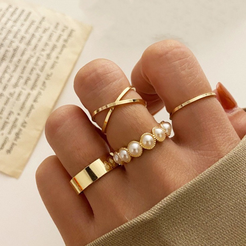 Set 4 Nhẫn Đính Ngọc Trai Nhân Tạo Đơn Giản Thời Trang