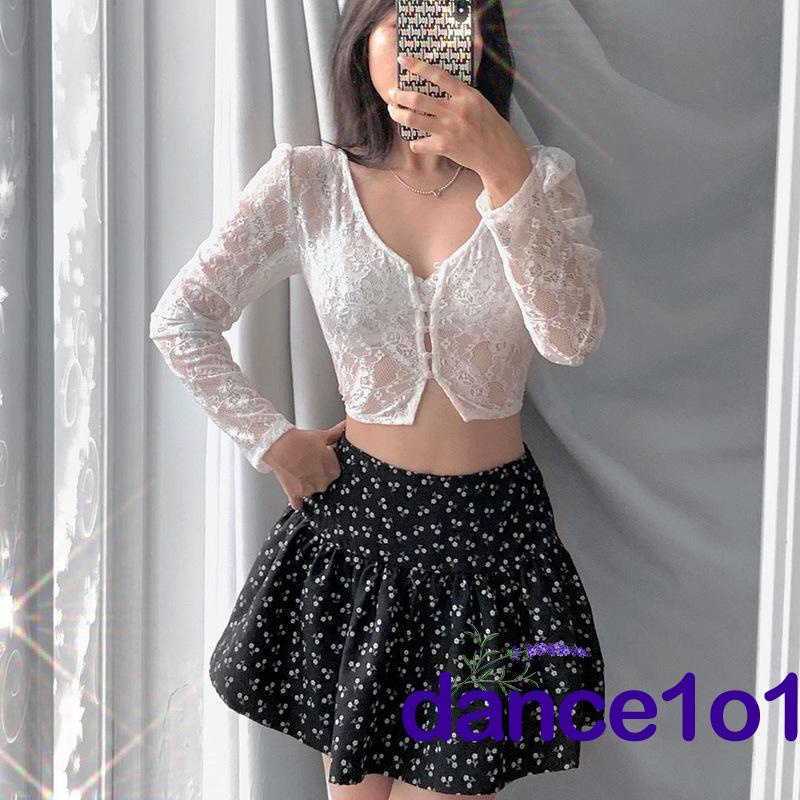 Áo croptop tay dài cổ chữ V phối ren quyến rũ dành cho nữ