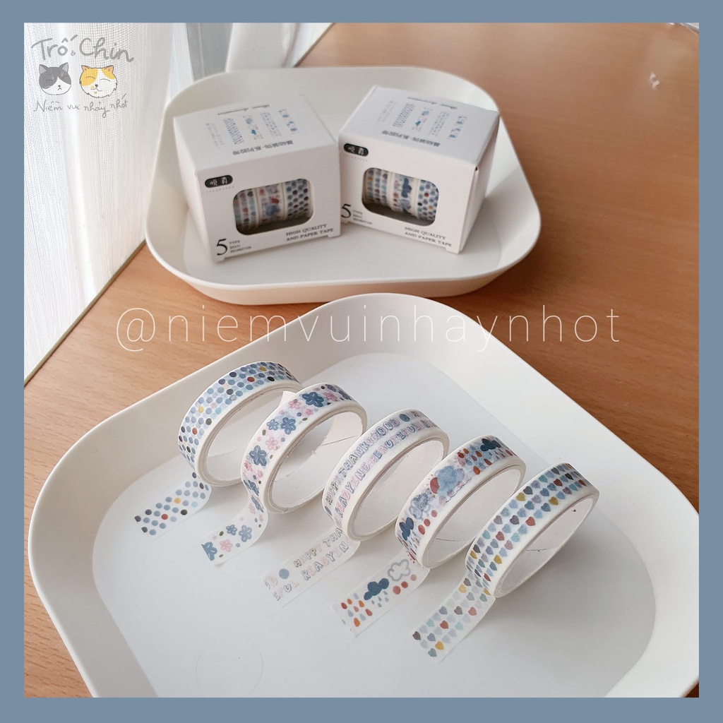 [ẢNH THẬT] [LOẠI MÀU 5-8] Hộp 5 cuộn Washi tape Băng dính dán nhiều họa tiết nhiều màu Masking tape (1cm*2m)