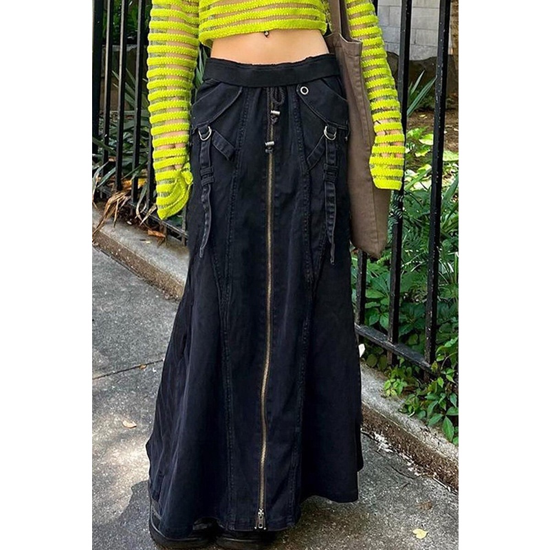 Chân váy maxi KLIOU 2023 dáng chữ A lưng cao phối khóa kéo phong cách Harajuku đường phố mùa thu mới cho nữ