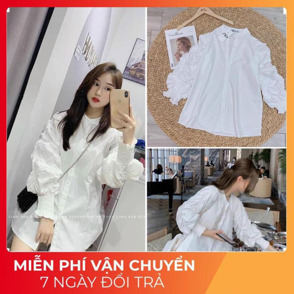 [FREE SHIP] Áo sơ mi trắng, cổ tàu, tay nhún, bánh bèo, sang chảnh