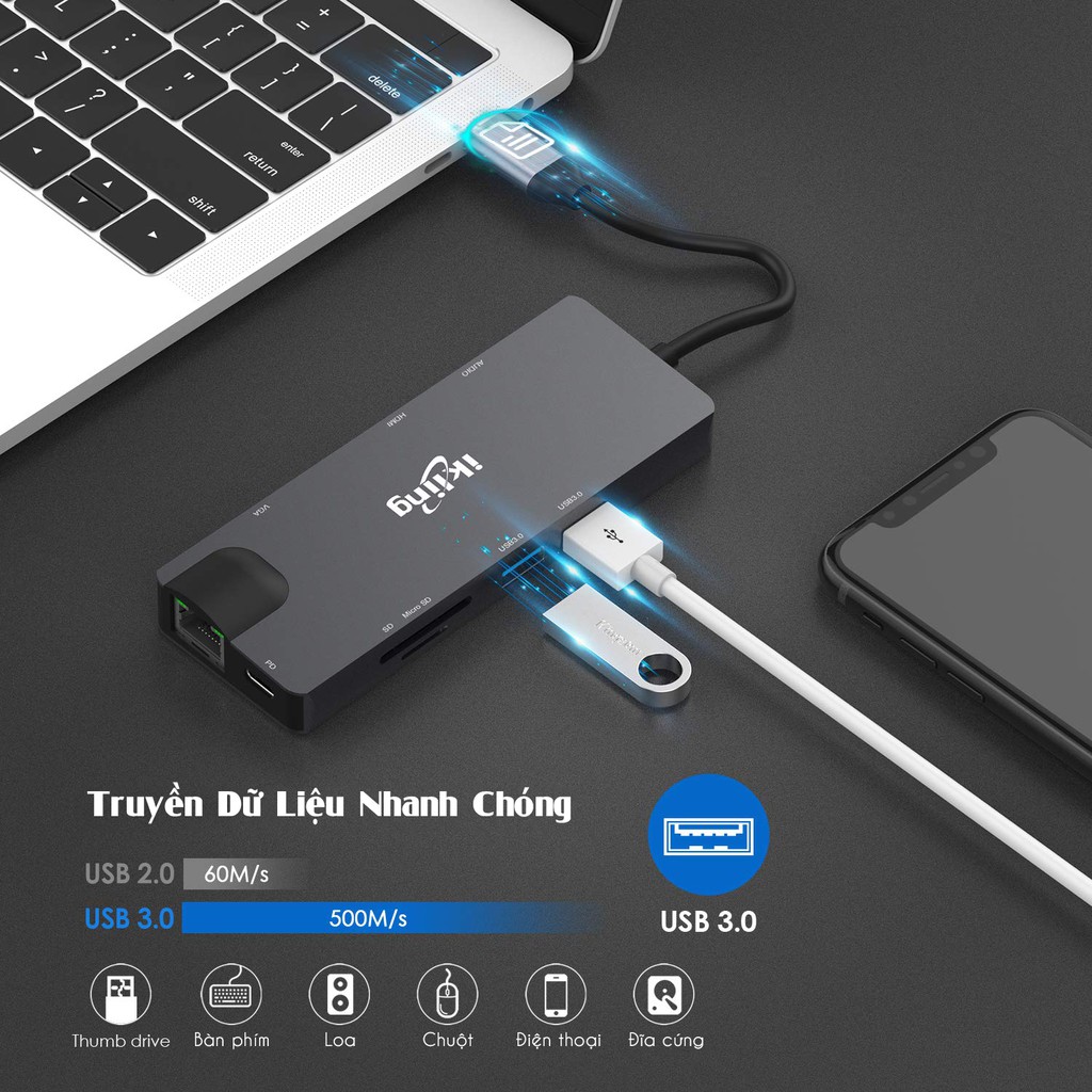 Cổng Chuyển HyperDrive Hub USB Type C 9 Cổng Ikling Ethernet SD Mircro SD VGA UHD HDMI Audio USB3.0 Cho Macbook SamSung