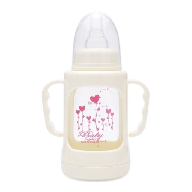 Bình sữa Baby Love thuỷ tinh 120 ml có tay cầm hàng Thái Lan nhựa chống vỡ quanh bình