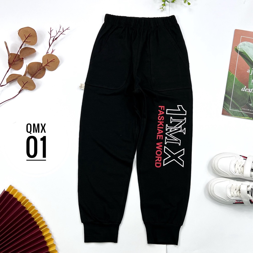 Quần dài bo gấu LITIBABY, chất cotton, in chữ Rush, Time