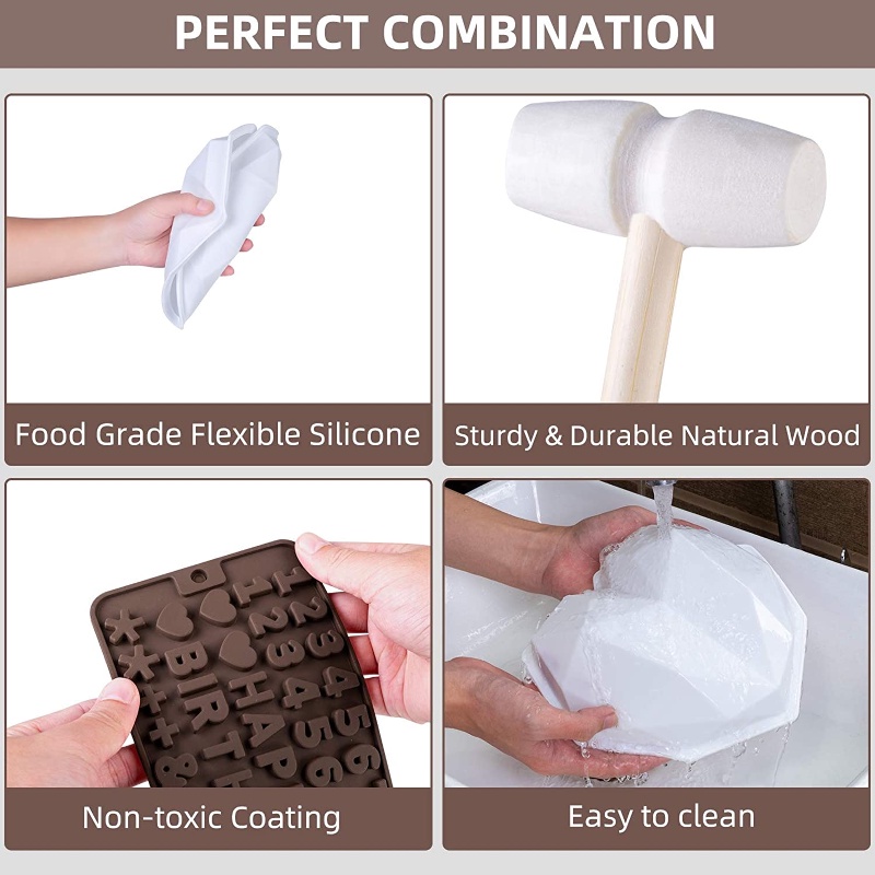 Khuôn Silicone Làm Sô Cô La Hình Trái Tim Lớn Có 2 Ô &amp; 3 Búa Gỗ