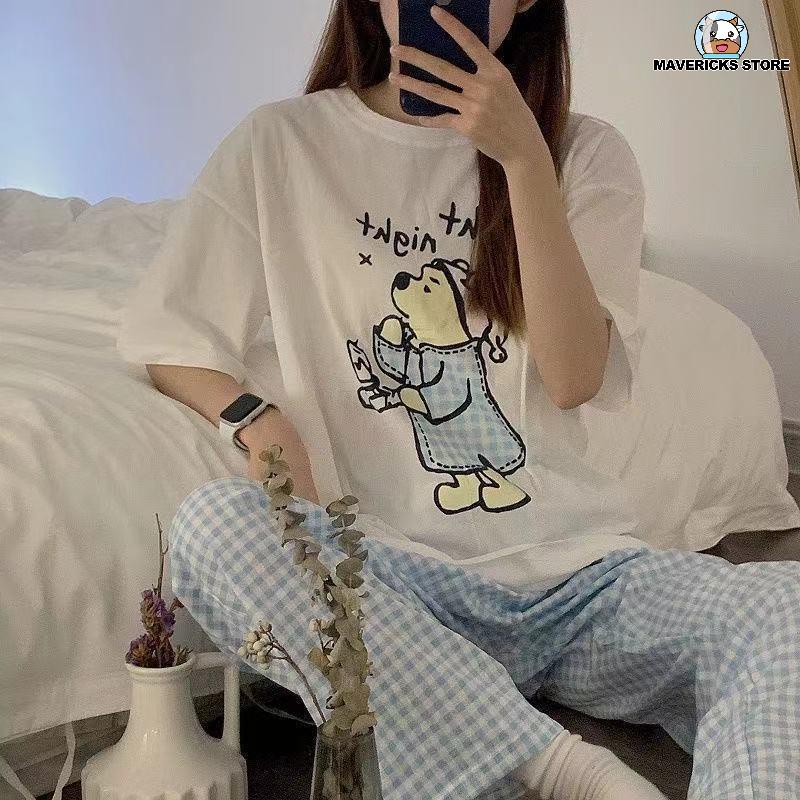 Bộ đồ ngủ tay dài in hoạt hình gấu pooh phong cách nhật bản thời trang mùa thu cho nữ