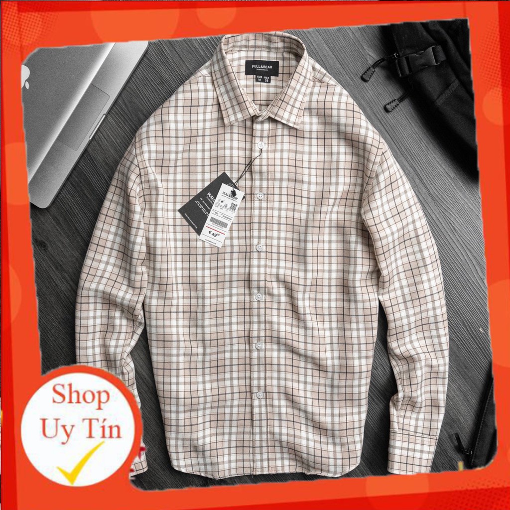 HÀNG VNXK - Áo sơ mi cotton mịn kẻ caro trắng nâu nhạt không nhăn -- hình thật 100% - -PB13-