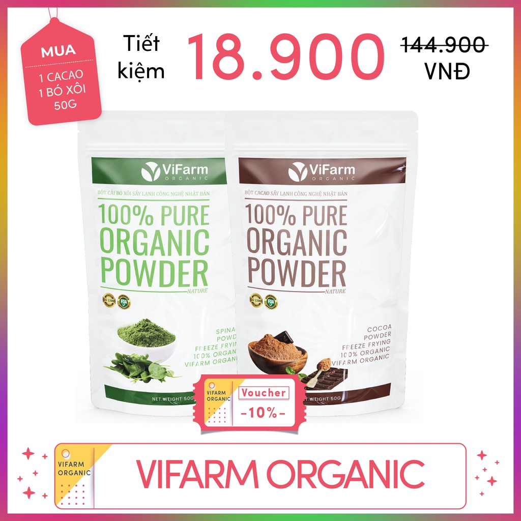 Bột Ca Cao Nguyên Chất 100% ViFarm 50Gram, Bột Cacao không đường, Hỗ Trợ Giảm Cân, Ăn Kiêng