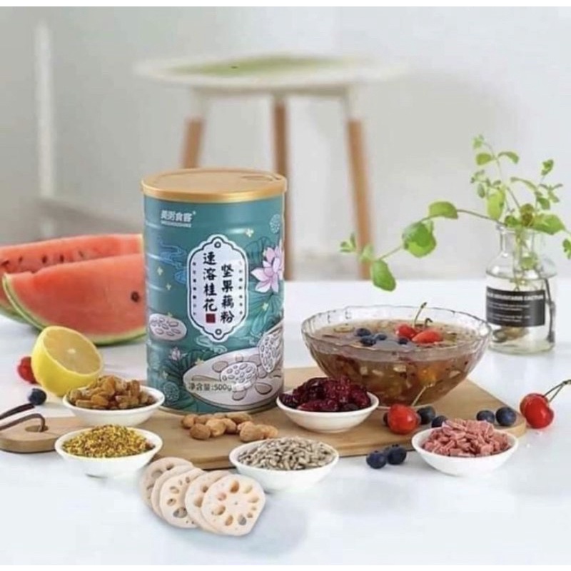 Hộp bột củ sen hoa quế hạnh nhân - dưỡng nhan, giảm cân MEIZHOUSIKE 500gr (Mã M3)