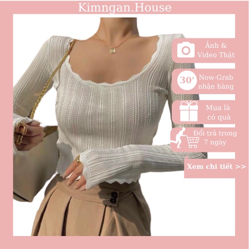 Free Ship-Hàng Cao Cấp Áo croptop ren cổ vuông tay dài siêu hot mùa thu đông chất Thun gân