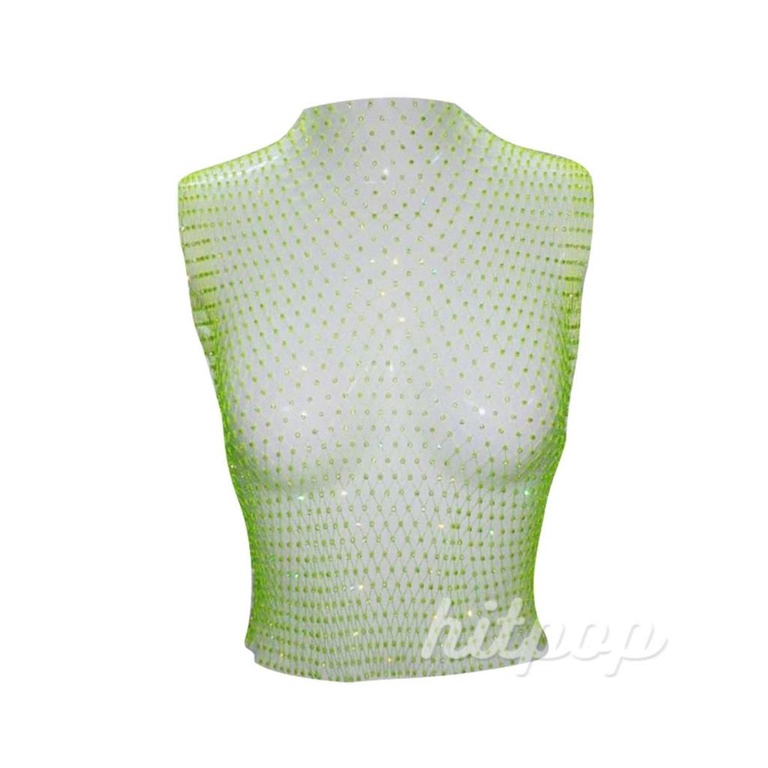 Hitpop-áo Lưới Không Tay Cổ Tròn Rỗng Trang Trí Đính Đá Phong Cách Thoải Mái Cho Nữ