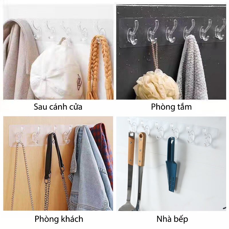 Thanh Treo Đồ Dán Tường, Móc Trong Suốt 6 Móc Liền Mạch Đa Năng Siêu Chắc Chắn Chịu Lực Cao