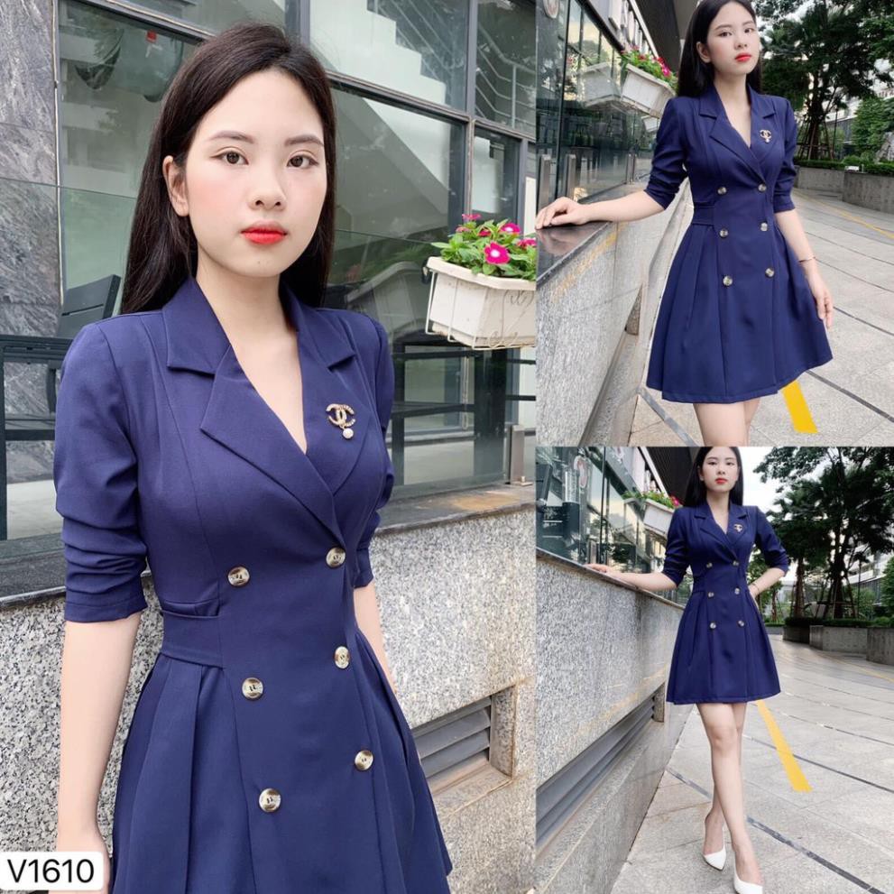 Đầm Cổ Vest 💗 Đẹp DVC ❤️ Đầm xanh cổ Vest đính nút V1610