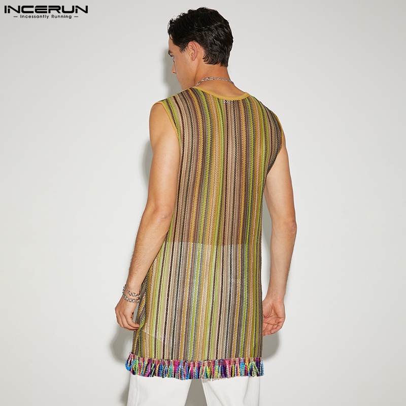 INCERUN Áo Ba Lỗ Dáng Dài Phối Tua Rua Xuyên Thấu Kẻ Sọc Nhiều Màu Cá Tính Cho Nam