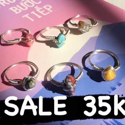 BIG SALE - Nhẫn đá handmade tự nhiên dây vàng đồng quấn tròn đan chéo