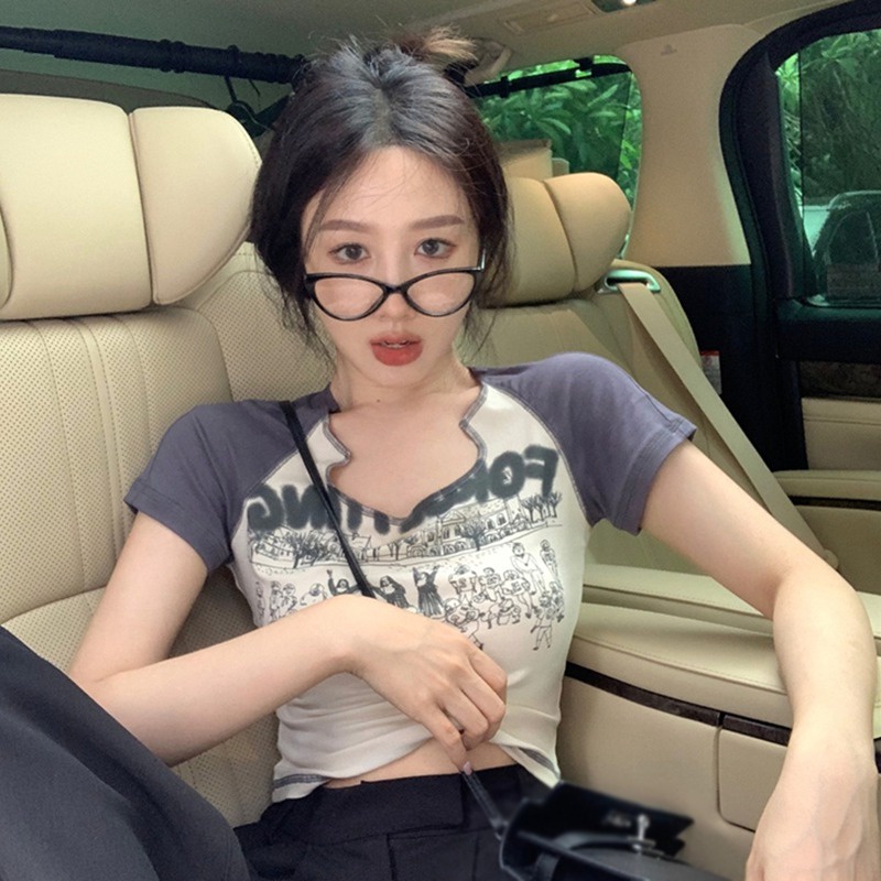 Áo Thun Lửng Ngắn Tay Cổ Chữ U In Họa Tiết Retro Thời Trang Cho Nữ