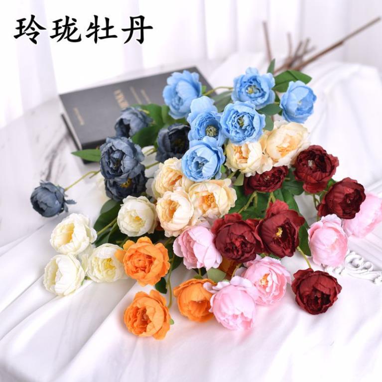 Hoa giả /Hoa lụa - Cành hoa hồng mẫu đơn 6 bông dài 80cm - Hàng quảng châu