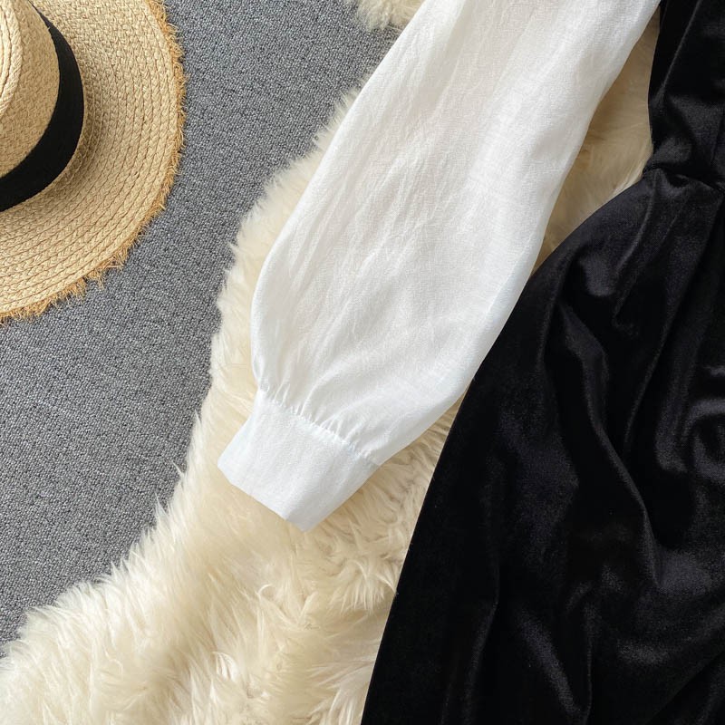 Váy Nhung Dự Tiệc Phối Tay Dây Đai Cổ Hàng Thiết Kế Tôn Dáng Sang Trọng | BigBuy360 - bigbuy360.vn