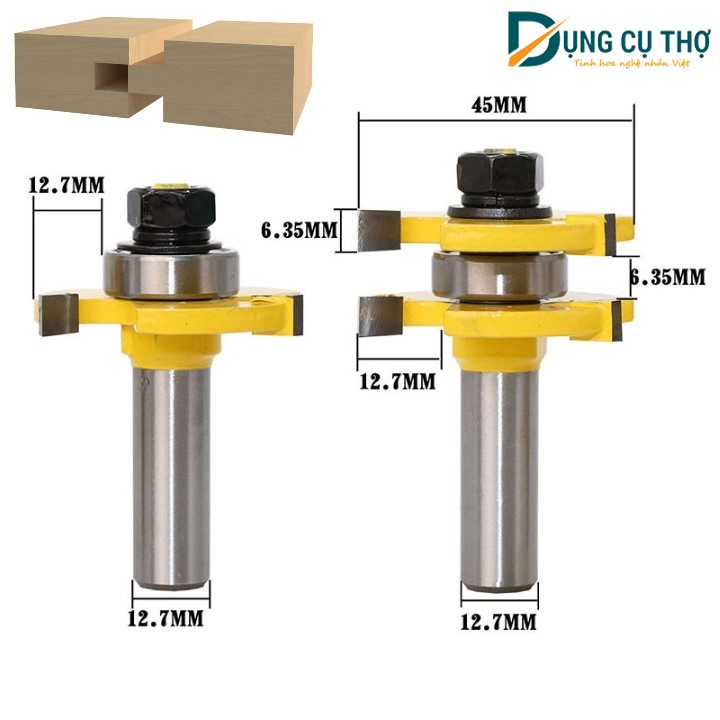 Bộ 2 Mũi Phay Gỗ Ghép Ván thẳng nhỏ 1 bi - Mũi Ghép Ván Dày 12 - 19mm