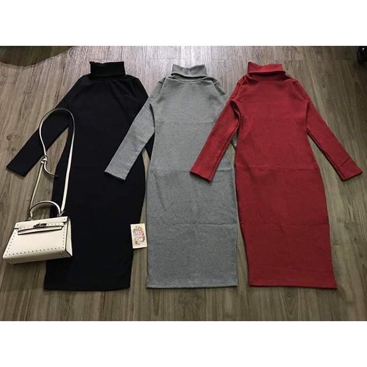 Váy len body suông trơn cổ lọ Đầm chất len dài tay thanh lịch